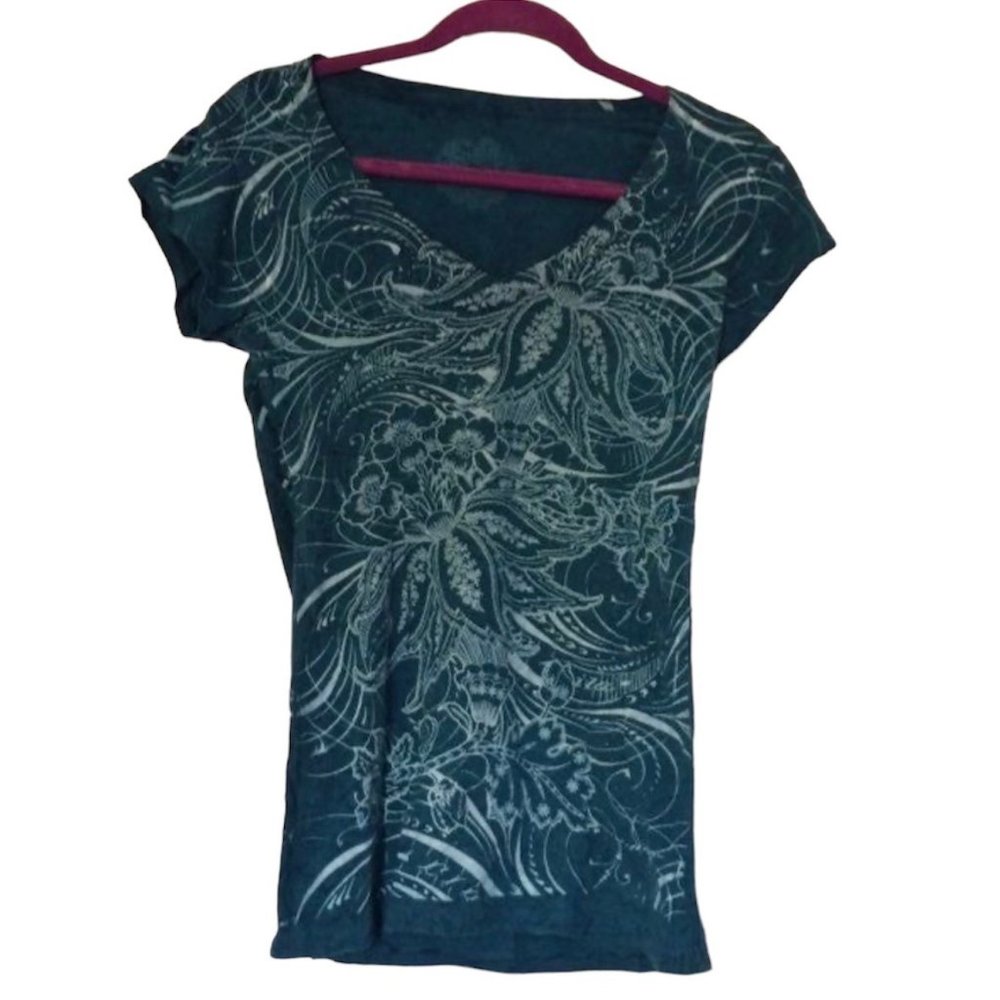 Stranded V Neck Shirt M Turquoise Teal Blue White Paisley Watercolor Cotton